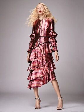 🦋 Markarian NYC Taurus Metallic Striped Asymmetrical Ruffled Tiered Dress